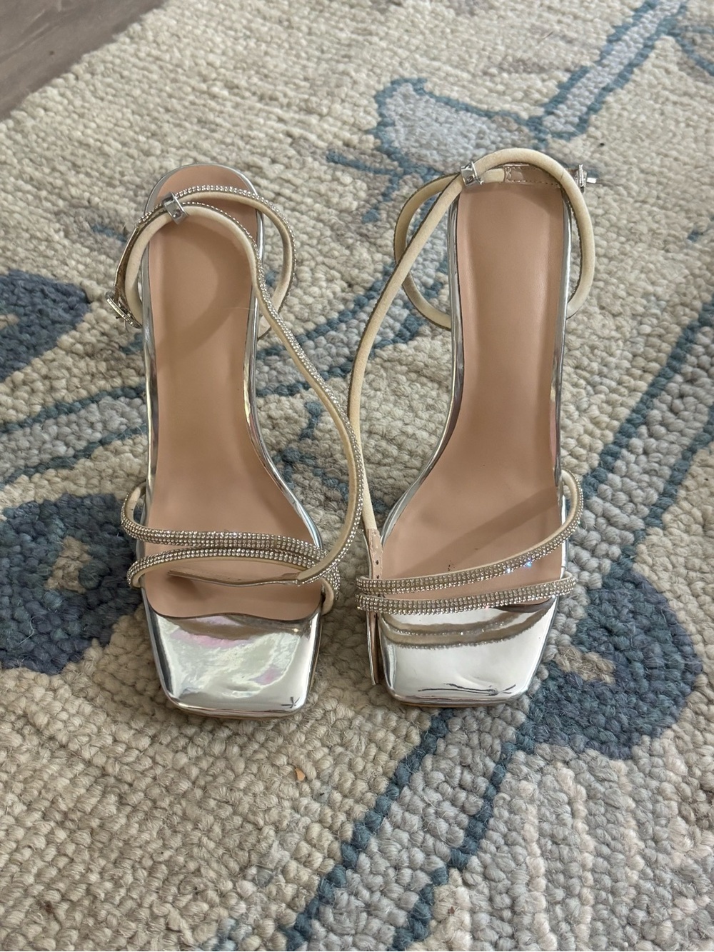 Metallic Silver Strappy Block-Heel Sandals - Women's